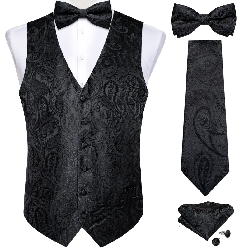 Luxury Black Paisley Jacquard Silk Men's Vest Hanky Cufflinks Bowtie Necktie Set sold by Ties2You