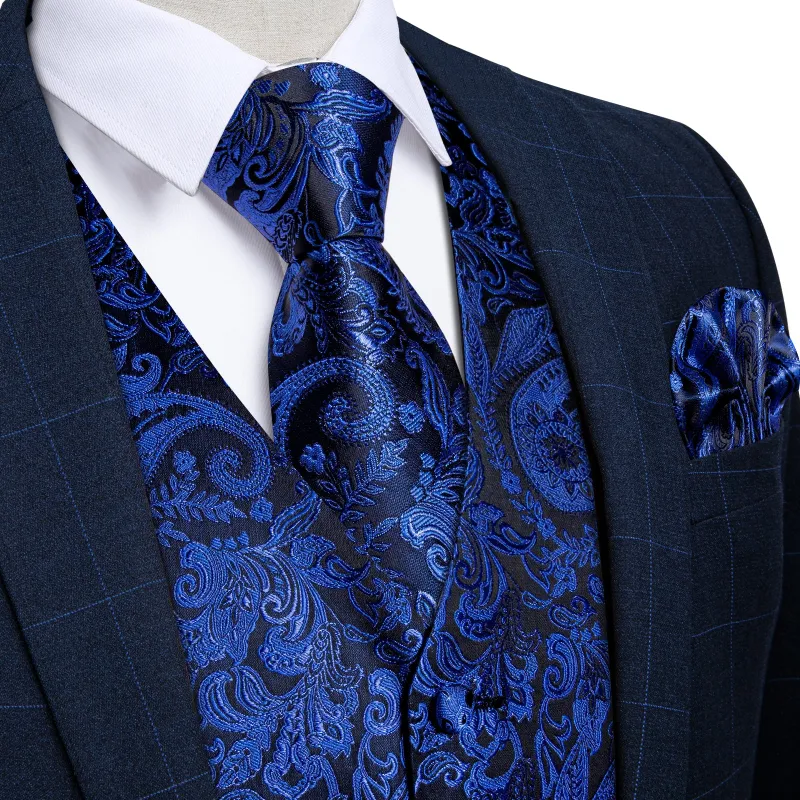 Royal Blue Paisley Silk Men's Vest Hanky Cufflinks Tie Set sold by Ties2You