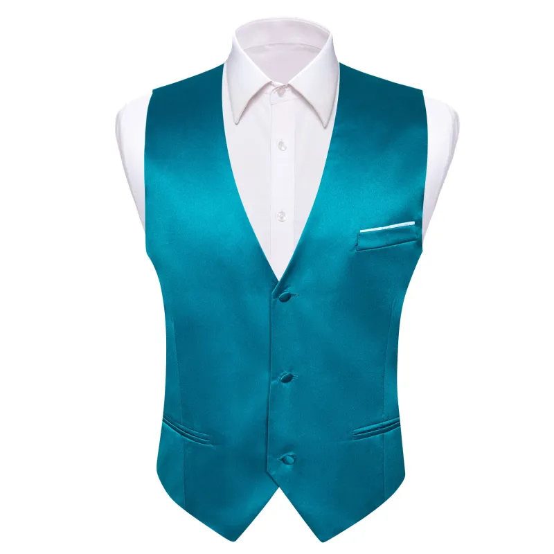 Ties2you Men's Work Vest Teal Blue Solid Satin V-Neck Business Vest for Men sold by Ties2You