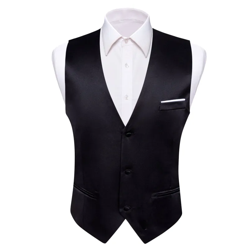 Black Solid Satin Men's V-Neck Business Vest made by Ties2You