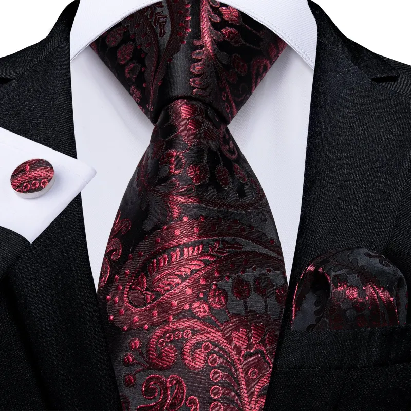 Deep Red Paisley Silk Tie Pocket Square Cufflinks Set sold by Ties2You