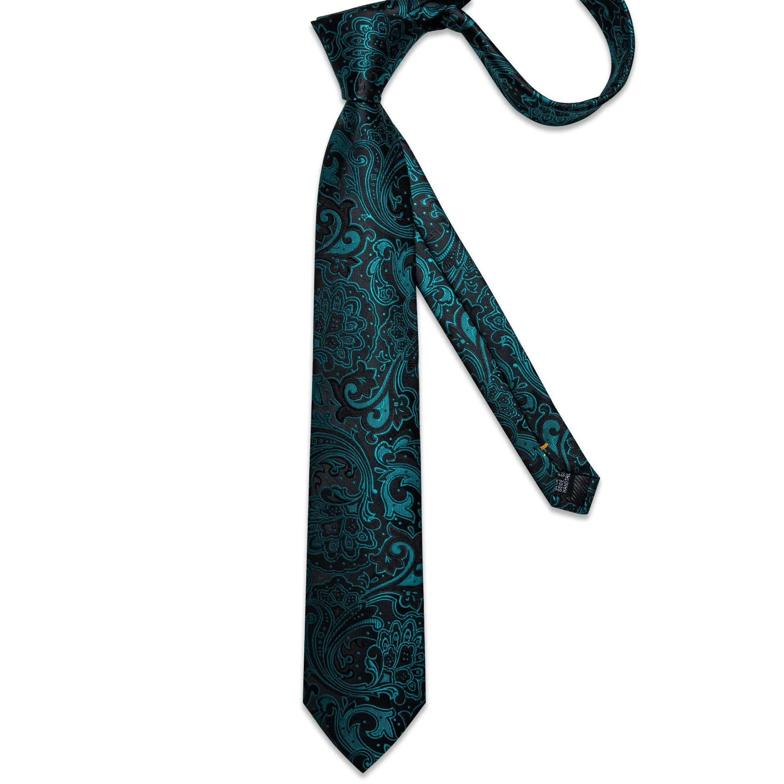 Black Teal Green Paisley Silk Tie Pocket Square Cufflinks Set sold by Ties2You product image thumbnail 3
