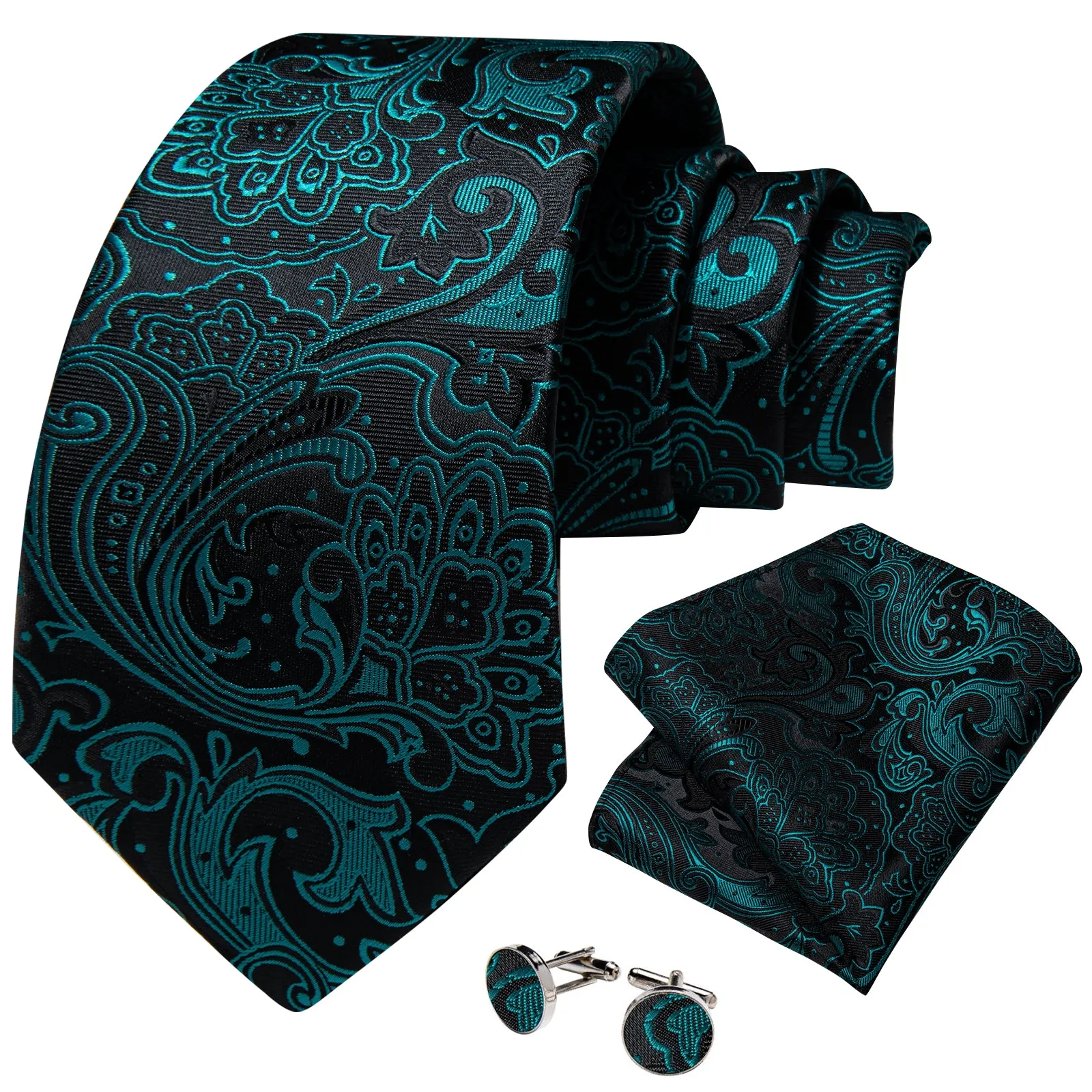 Black Teal Green Paisley Silk Tie Pocket Square Cufflinks Set sold by Ties2You product image thumbnail 2