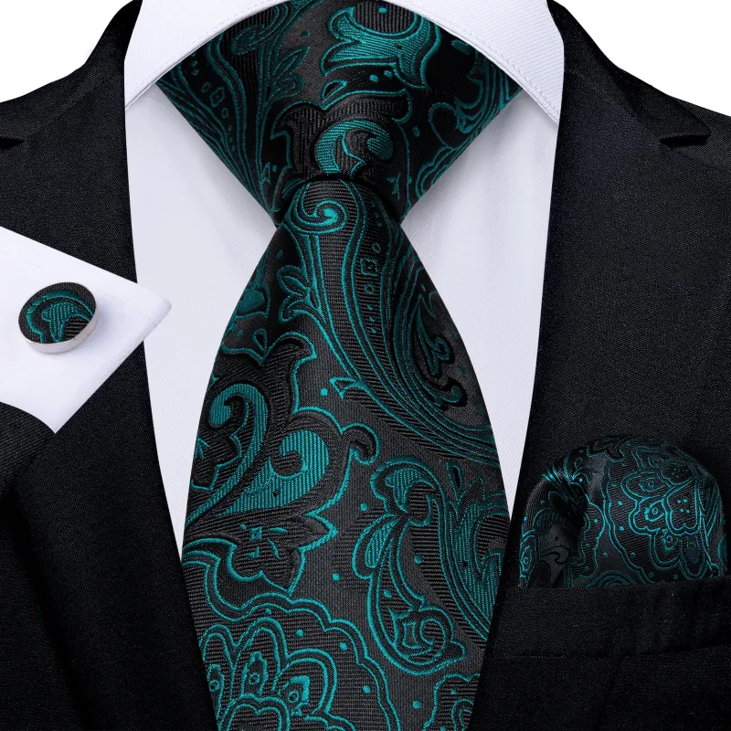 Black Teal Green Paisley Silk Tie Pocket Square Cufflinks Set sold by Ties2You