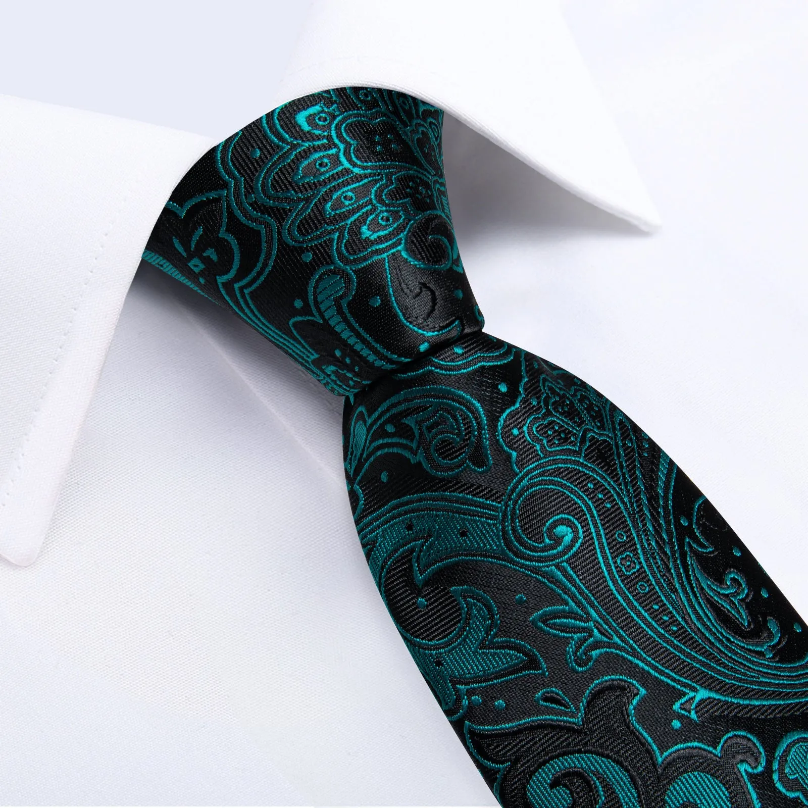 Black Teal Green Paisley Silk Tie Pocket Square Cufflinks Set sold by Ties2You product image thumbnail 4