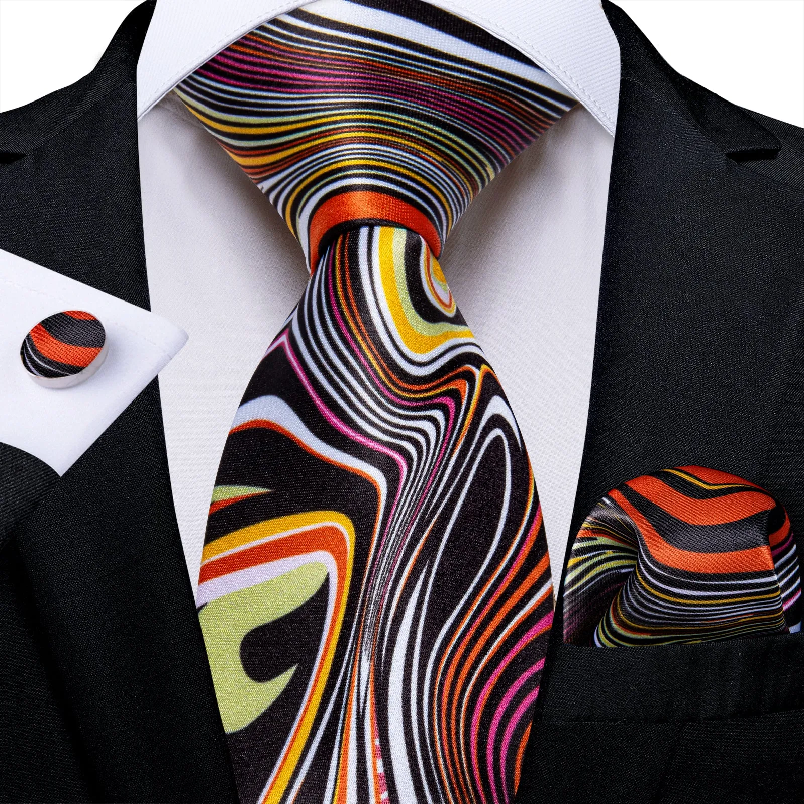 Black Orange Novelty Silk Men's Tie Hanky Cufflinks Set sold by Ties2You