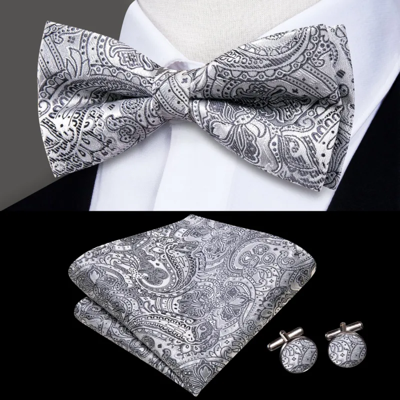 Grey Paisley Men Pre-tied Bowtie Pocket Square Cufflinks Set sold by Ties2You
