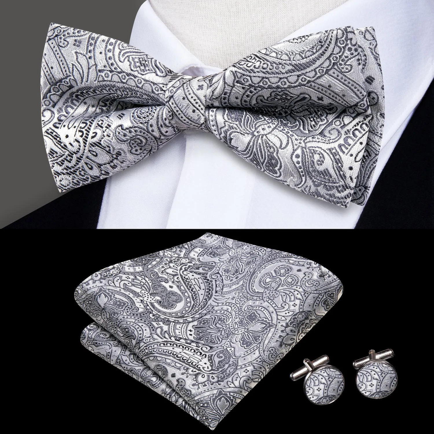Grey Paisley Men Pre-tied Bowtie Pocket Square Cufflinks Set sold by Ties2You