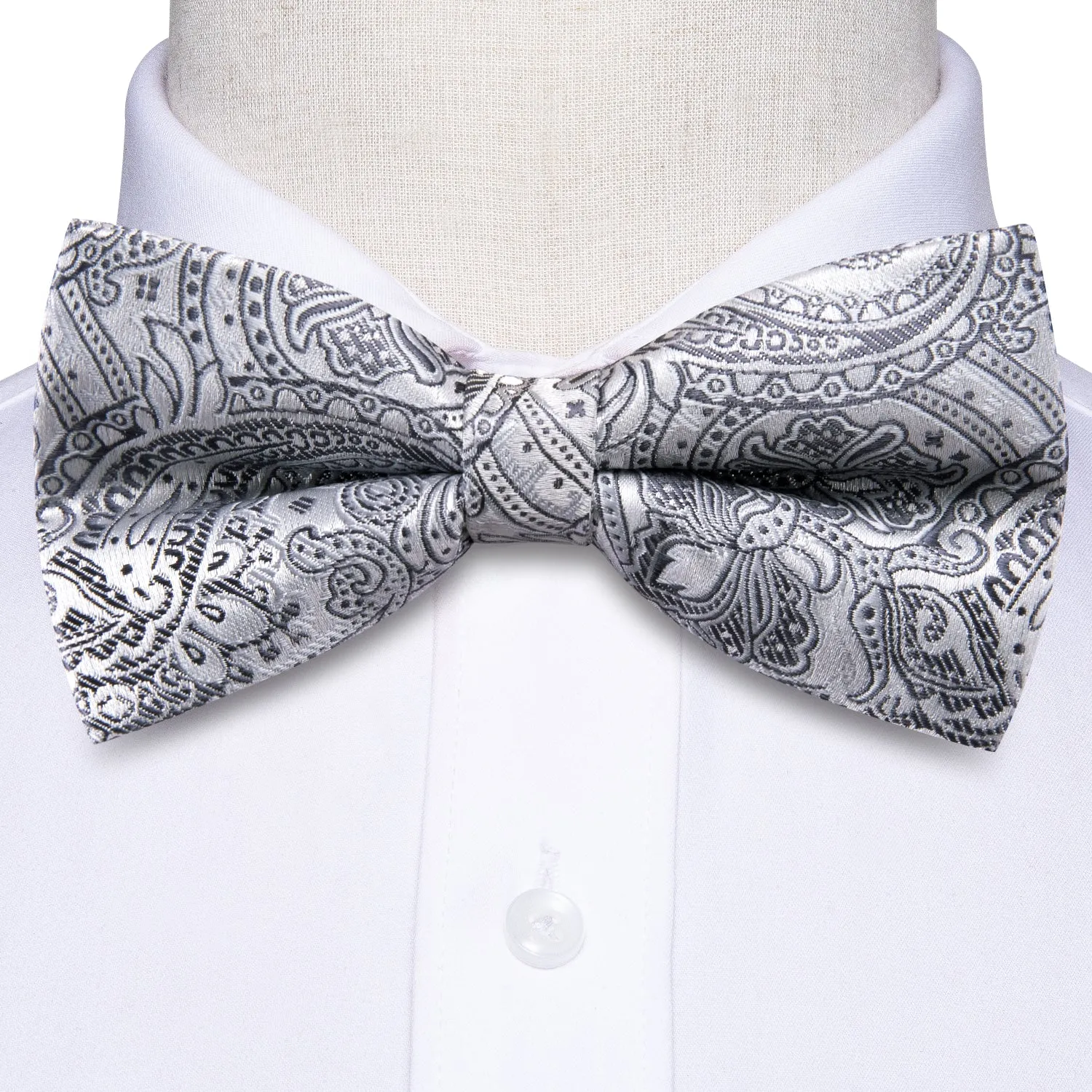 Grey Paisley Men Pre-tied Bowtie Pocket Square Cufflinks Set sold by Ties2You product image thumbnail 5