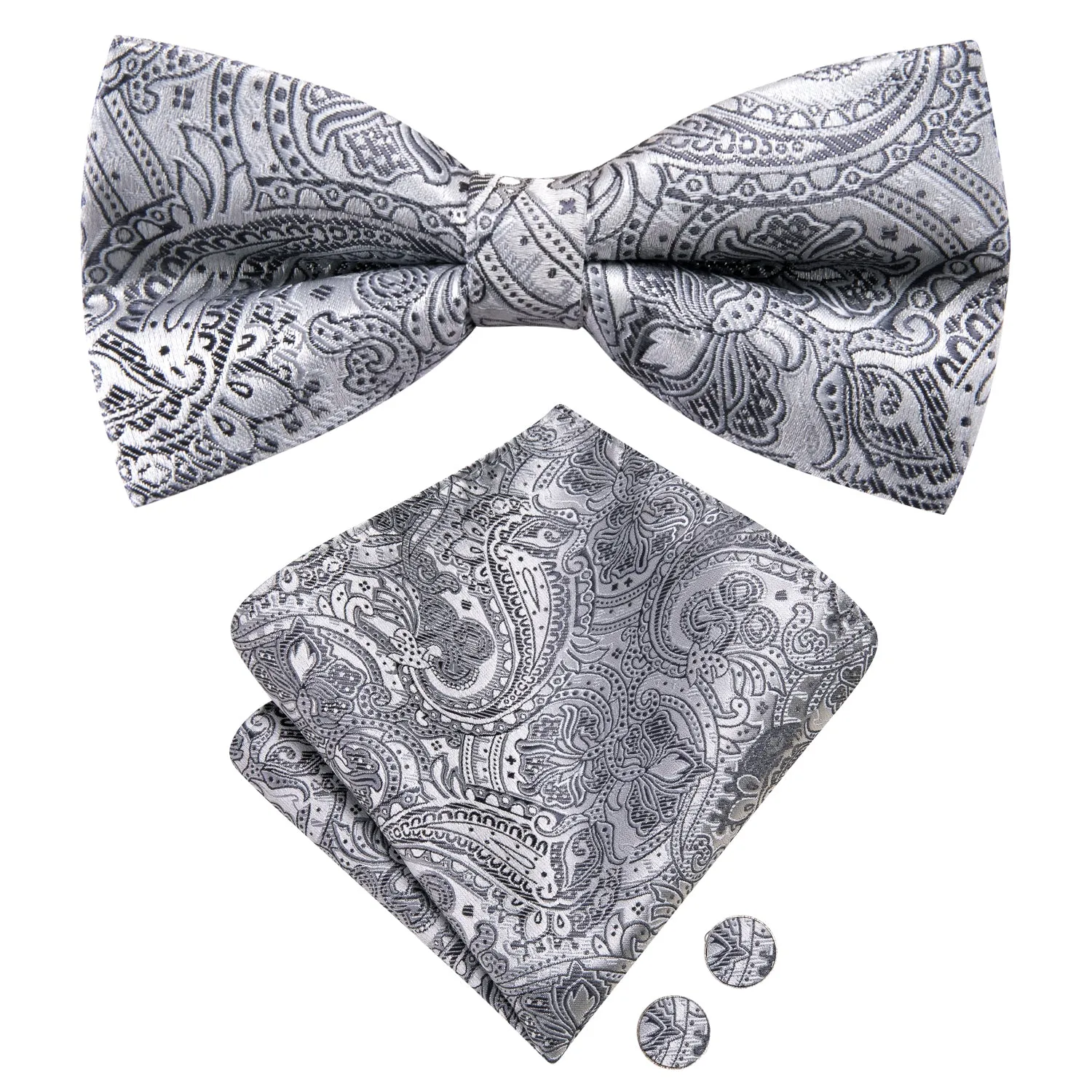 Grey Paisley Men Pre-tied Bowtie Pocket Square Cufflinks Set sold by Ties2You product image thumbnail 2