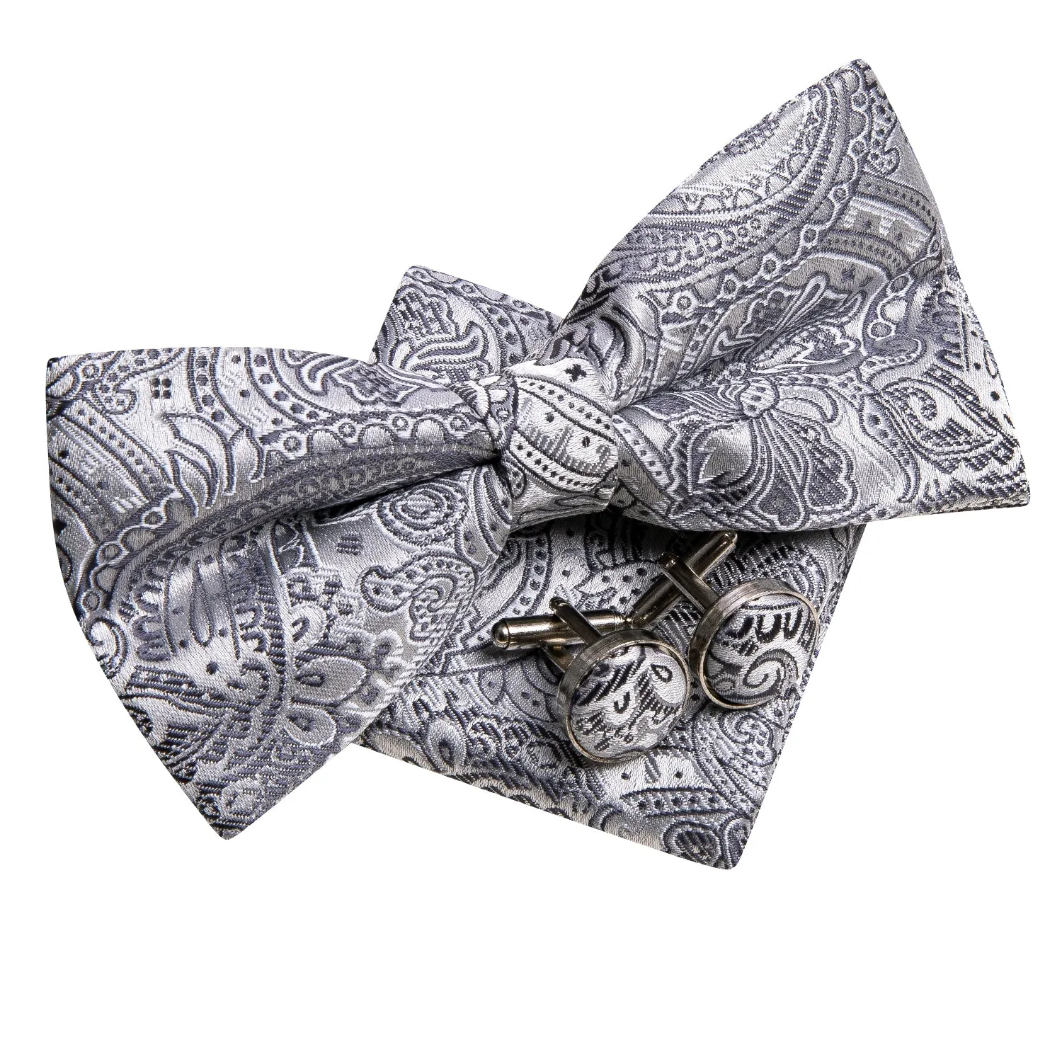 Grey Paisley Men Pre-tied Bowtie Pocket Square Cufflinks Set sold by Ties2You product image thumbnail 3