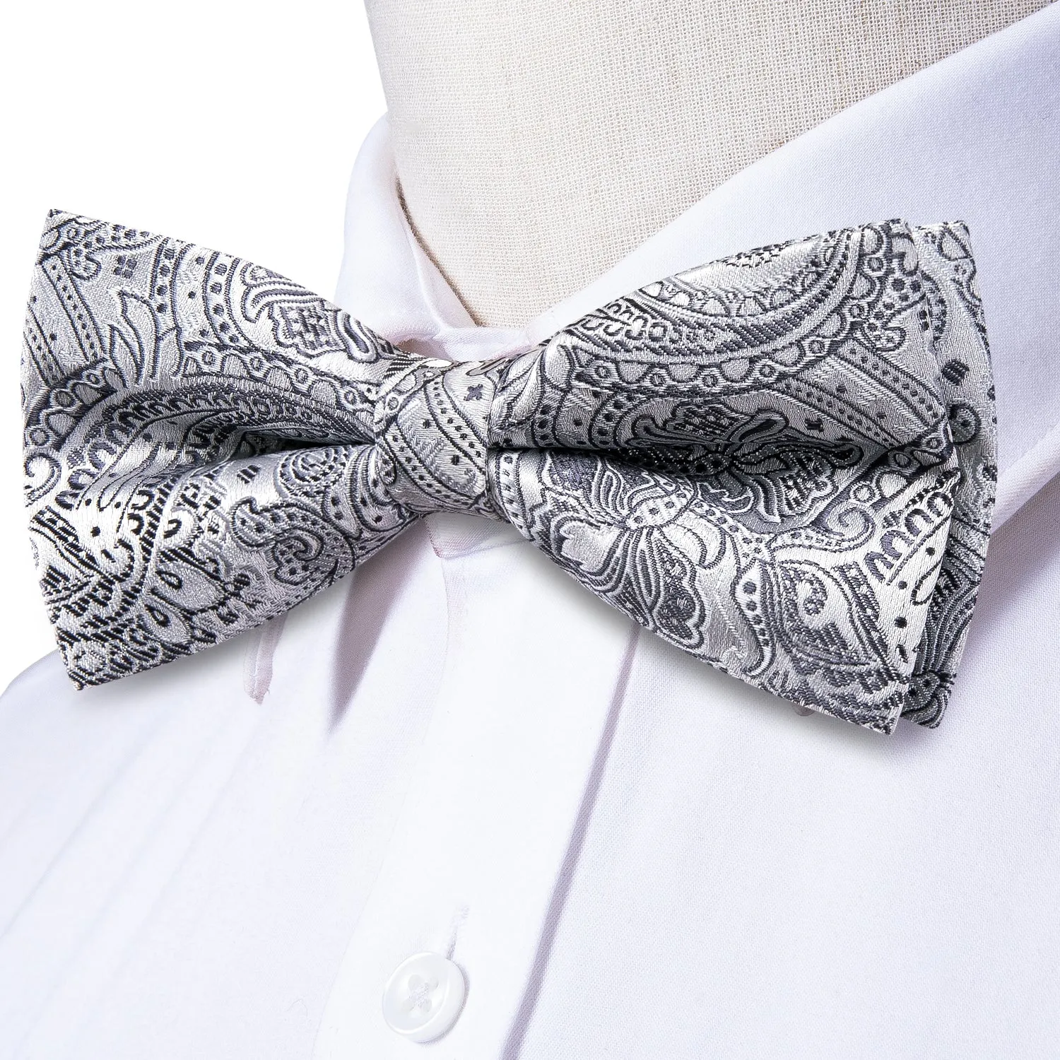 Grey Paisley Men Pre-tied Bowtie Pocket Square Cufflinks Set sold by Ties2You product image thumbnail 4