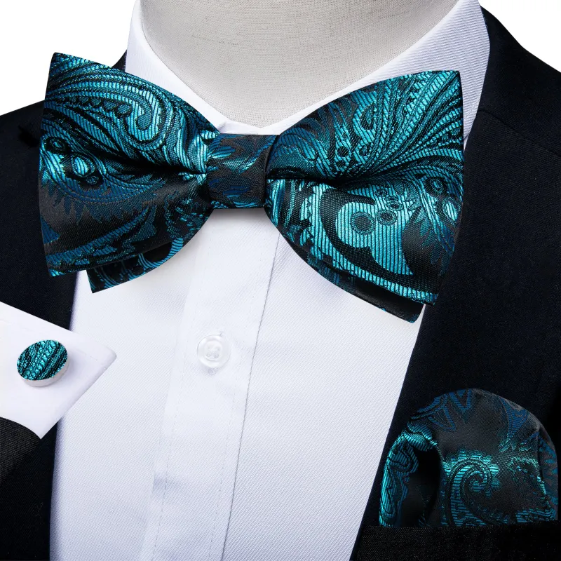 Teal Blue Black Paisley Men Pre-tied Bowtie Pocket Square Cufflinks Set sold by Ties2You