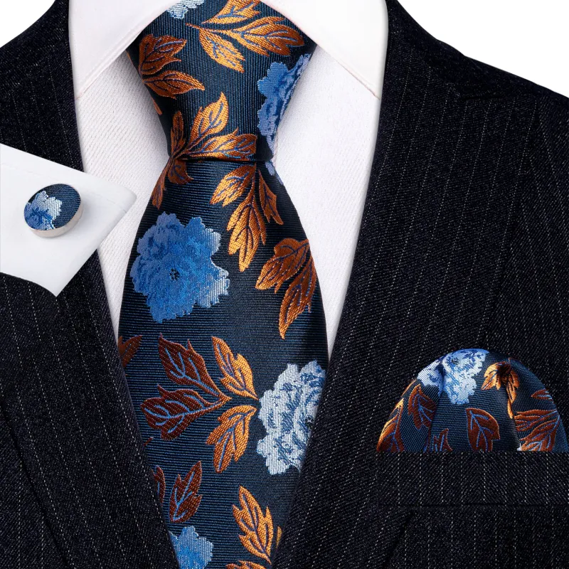 Blue Golden Leaves Paisley Silk Tie Pocket Square Cufflinks Set sold by Ties2You