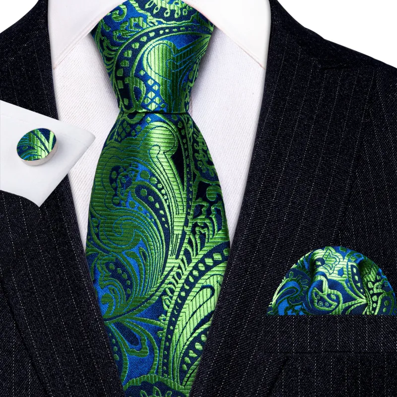 Blue Green Paisley Silk Tie Pocket Square Cufflinks Set sold by Ties2You
