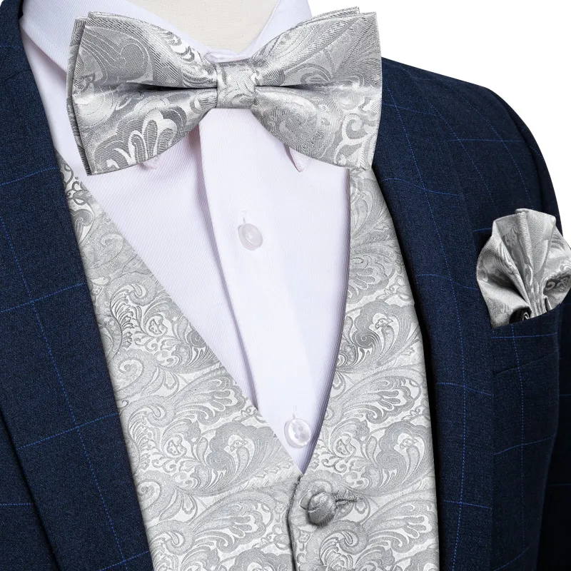 Grey Paisley Jacquard Silk Men Vest Bow Tie Handkerchief Cufflinks Set sold by Ties2You