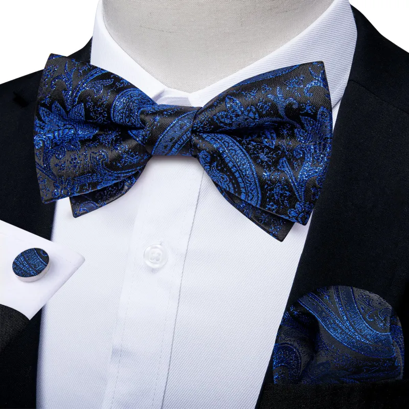 Black Blue Paisley Men Pre-tied Bowtie Pocket Square Cufflinks Set sold by Ties2You