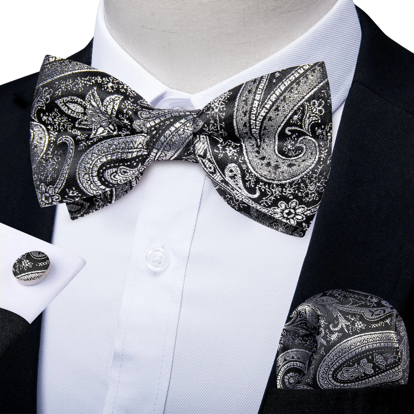 Black Grey Paisley Men's Pre-tied Bowtie Pocket Square Cufflinks Set sold by Ties2You