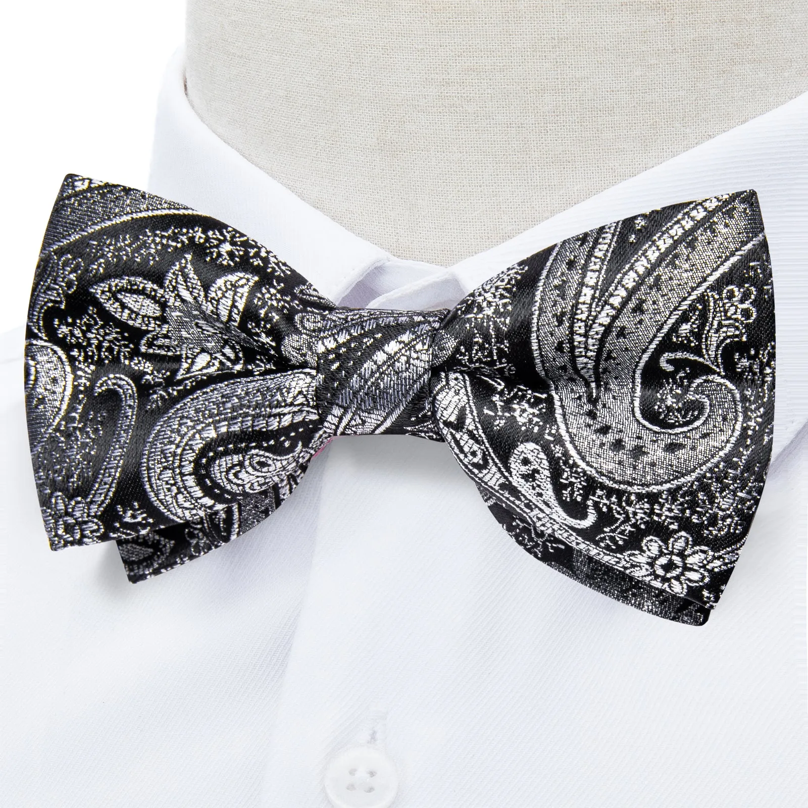 Black Grey Paisley Men's Pre-tied Bowtie Pocket Square Cufflinks Set sold by Ties2You product image thumbnail 4