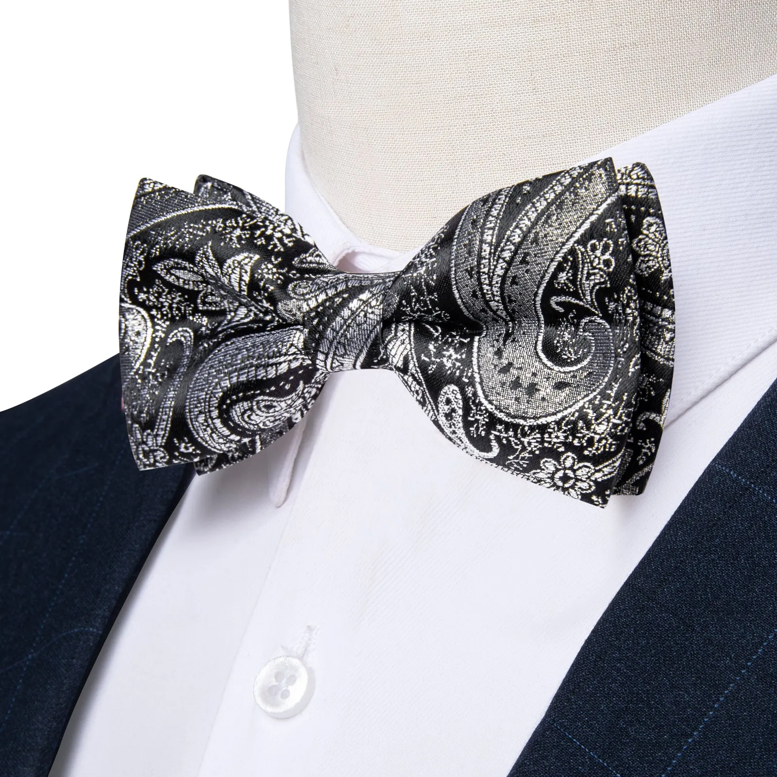 Black Grey Paisley Men's Pre-tied Bowtie Pocket Square Cufflinks Set sold by Ties2You product image thumbnail 3