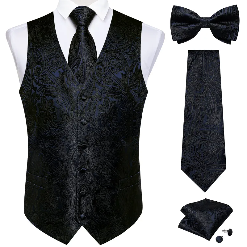 Black Paisley Jacquard Silk Men Vest Necktie Bow Tie Handkerchief Cufflinks Set sold by Ties2You