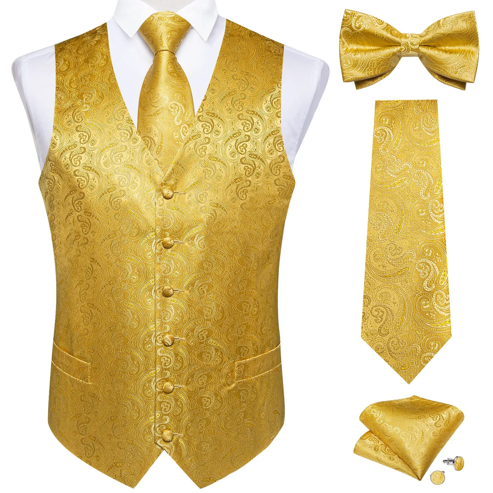 Golden Yellow Paisley Jacquard Silk Men Vest Necktie Bow Tie Handkerchief Cufflinks Set sold by Ties2You