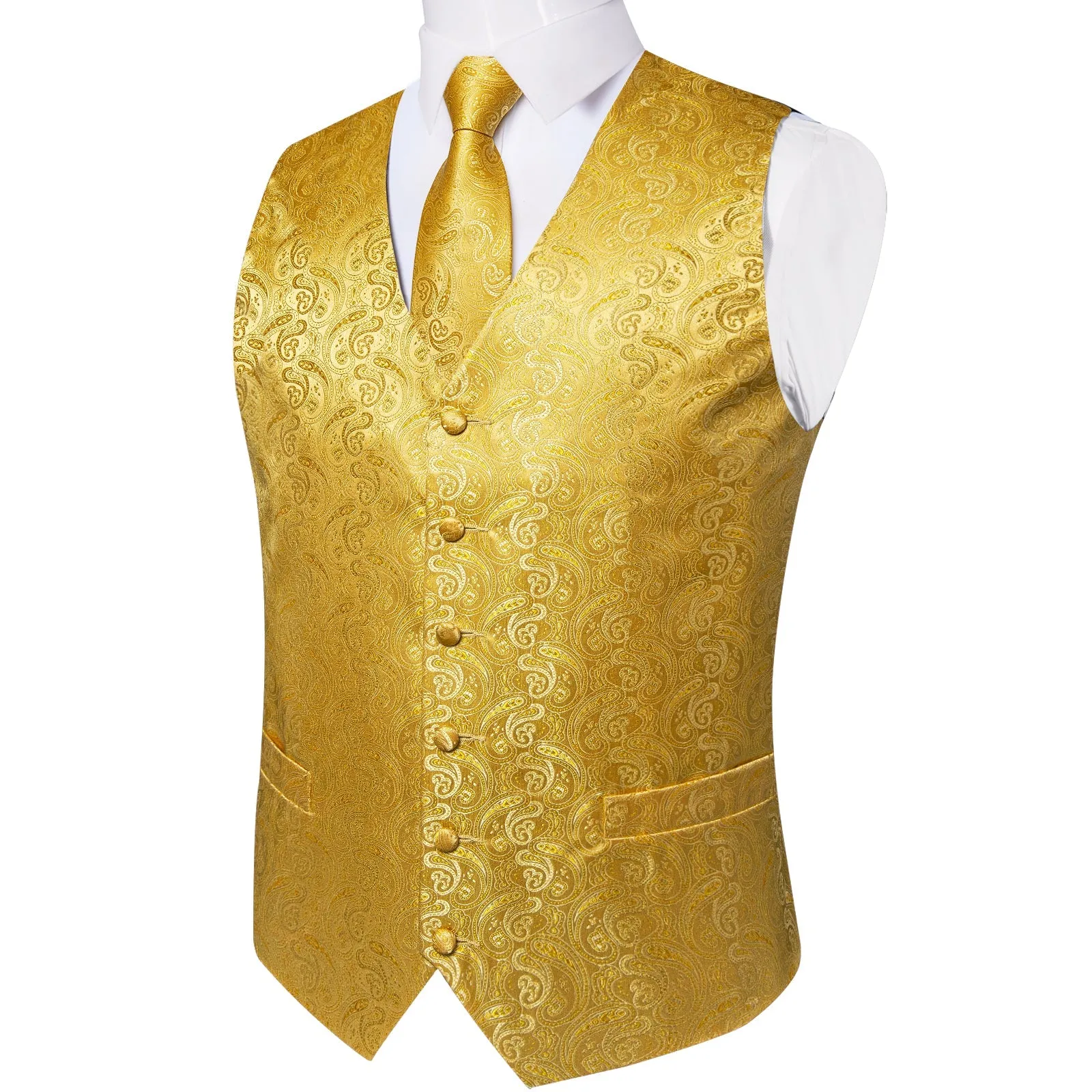 Golden Yellow Paisley Jacquard Silk Men Vest Necktie Bow Tie Handkerchief Cufflinks Set sold by Ties2You product image thumbnail 2