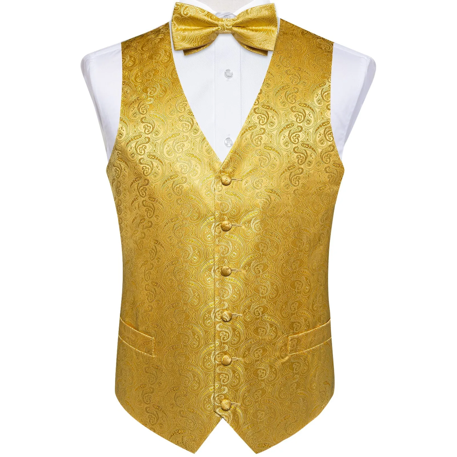 Golden Yellow Paisley Jacquard Silk Men Vest Necktie Bow Tie Handkerchief Cufflinks Set sold by Ties2You product image thumbnail 3
