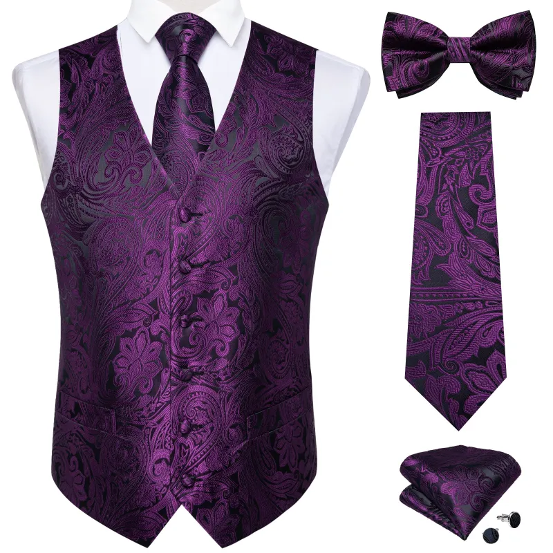 Ties2you Mens Wedding Suit Vest Purple Paisley Dress Vest Tie Bowtie Hanky Cufflinks Set made by Ties2You