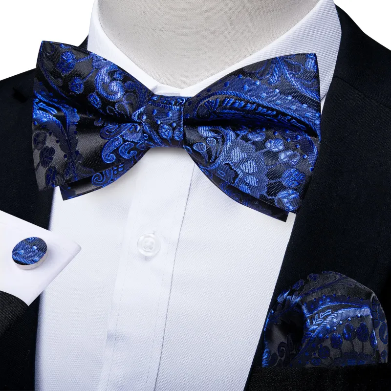 Royal Blue Paisley Men's Pre-tied Bowtie Pocket Square Cufflinks Set sold by Ties2You