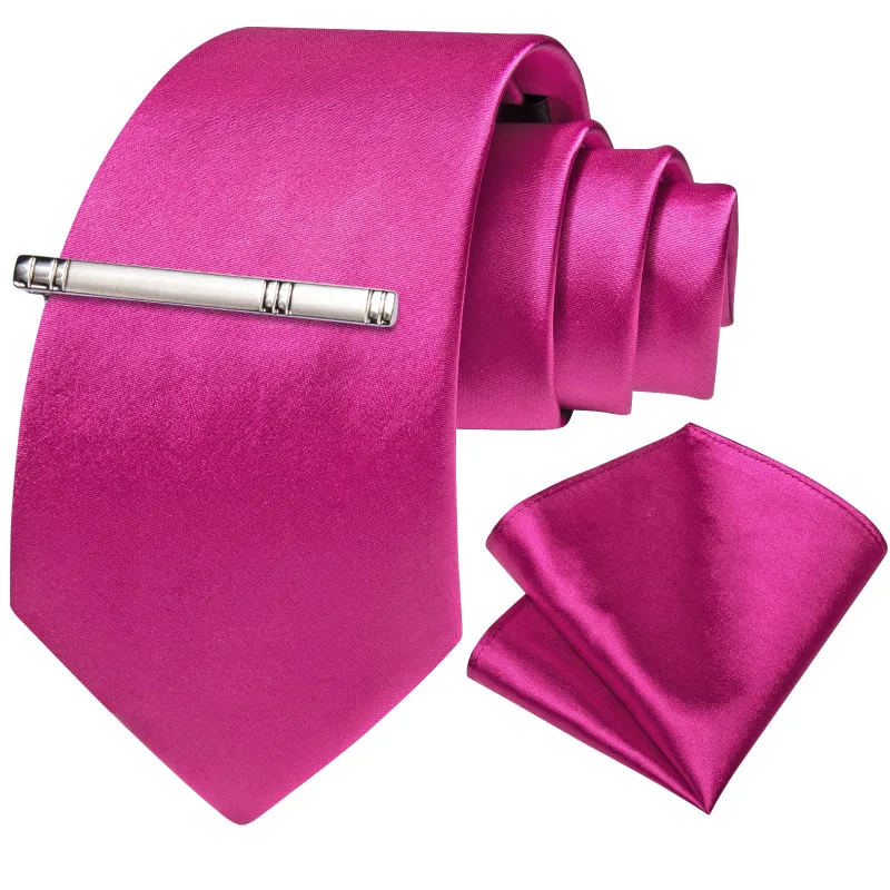 Rose Red Satin Solid Silk Tie Pocket Square Set with Tie Clip sold by Ties2You