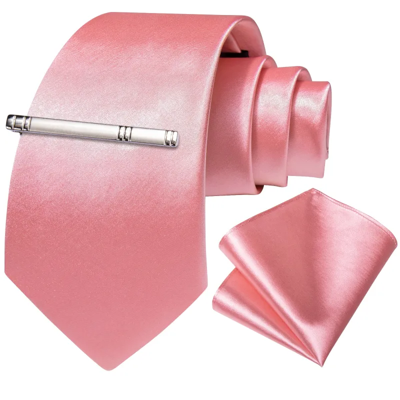 Pink Satin Solid Silk Tie Pocket Square Set with Tie Clip sold by Ties2You