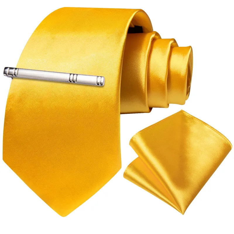 Yellow Golden Satin Solid Silk Tie Pocket Square Set with Tie Clip sold by Ties2You