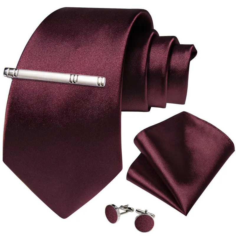 Burgundy Red Solid Silk Tie Pocket Square Cufflinks Set with Tie Clip sold by Ties2You