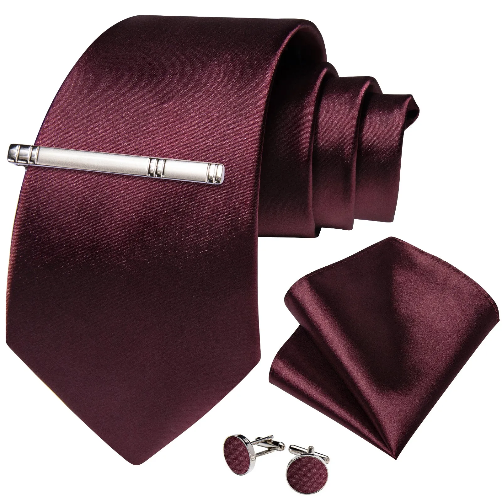 Burgundy Red Solid Silk Tie Pocket Square Cufflinks Set with Tie Clip sold by Ties2You