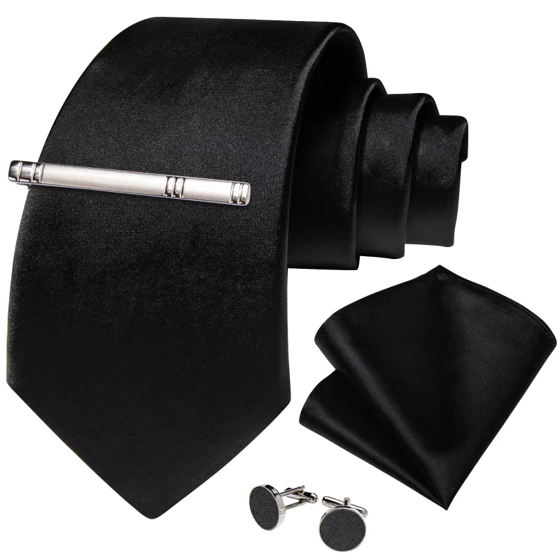 Classic Black Solid Silk Tie Pocket Square Cufflinks Set with Tie Clip sold by Ties2You