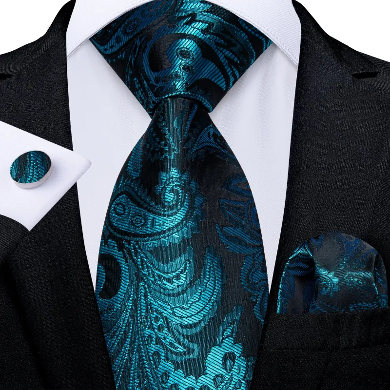 Teal Blue Paisley Silk Tie Hanky Cufflinks Set sold by Ties2You