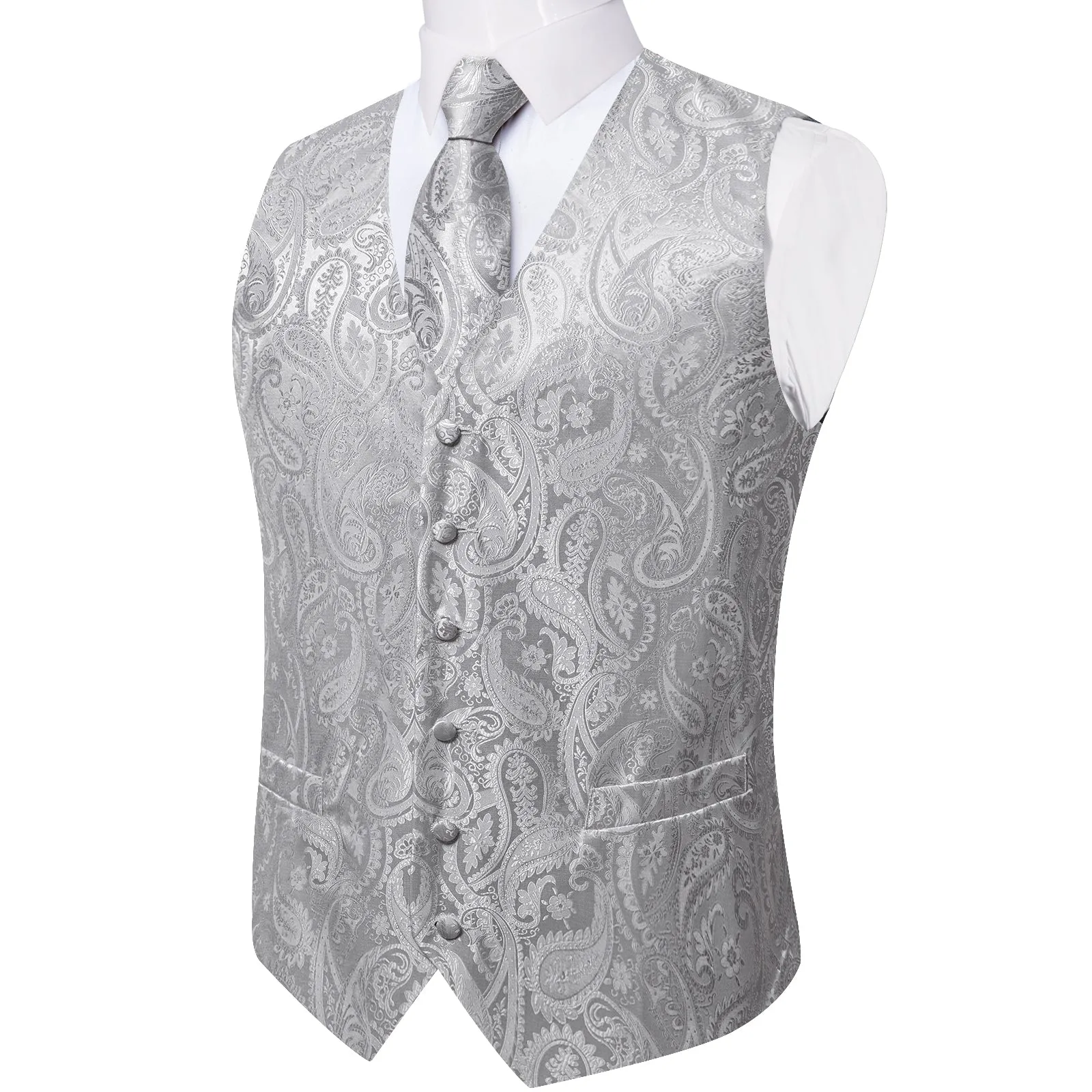 Grey Paisley Silk Men's Vest Hanky Cufflinks Tie Set sold by Ties2You product image thumbnail 4