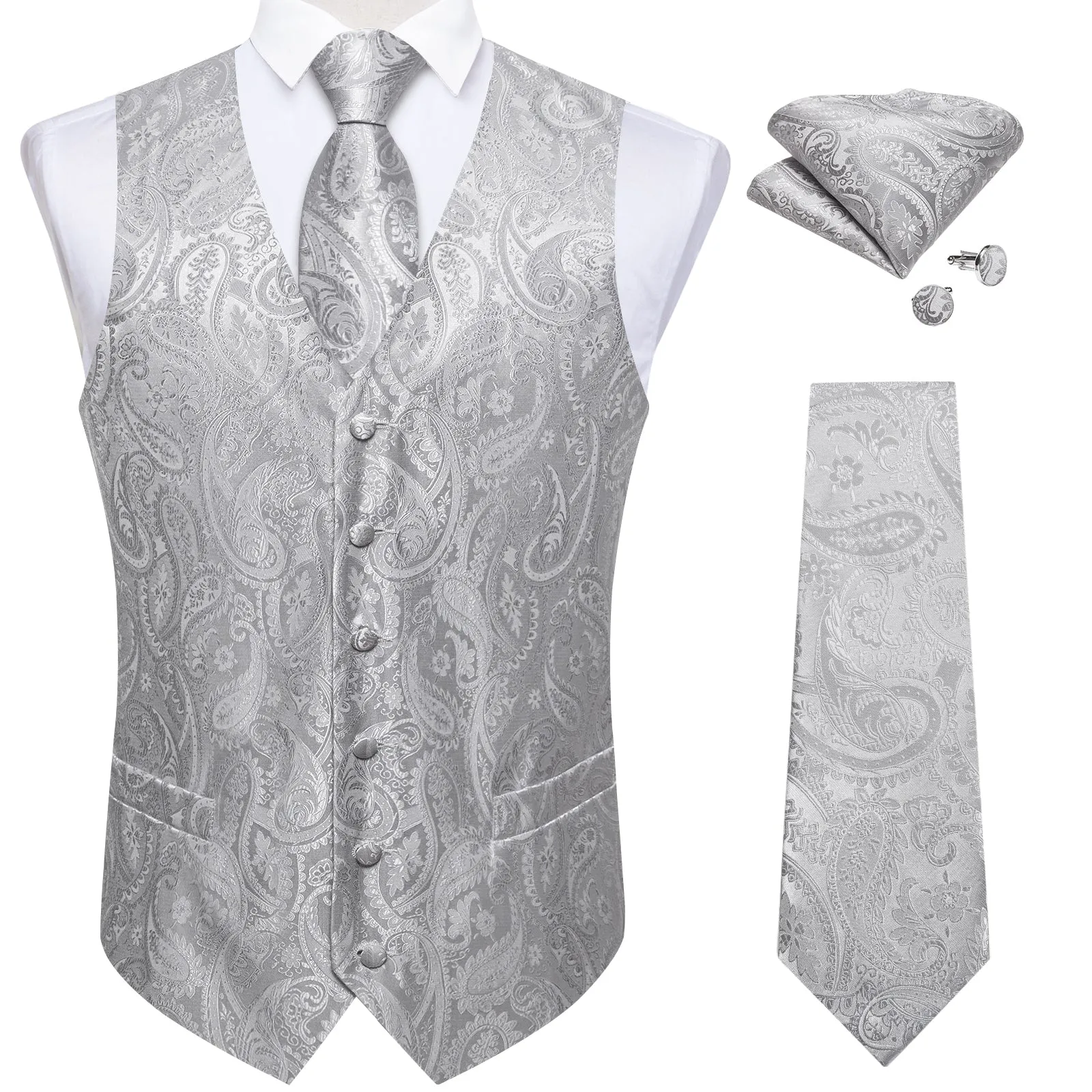 Grey Paisley Silk Men's Vest Hanky Cufflinks Tie Set sold by Ties2You product image thumbnail 5
