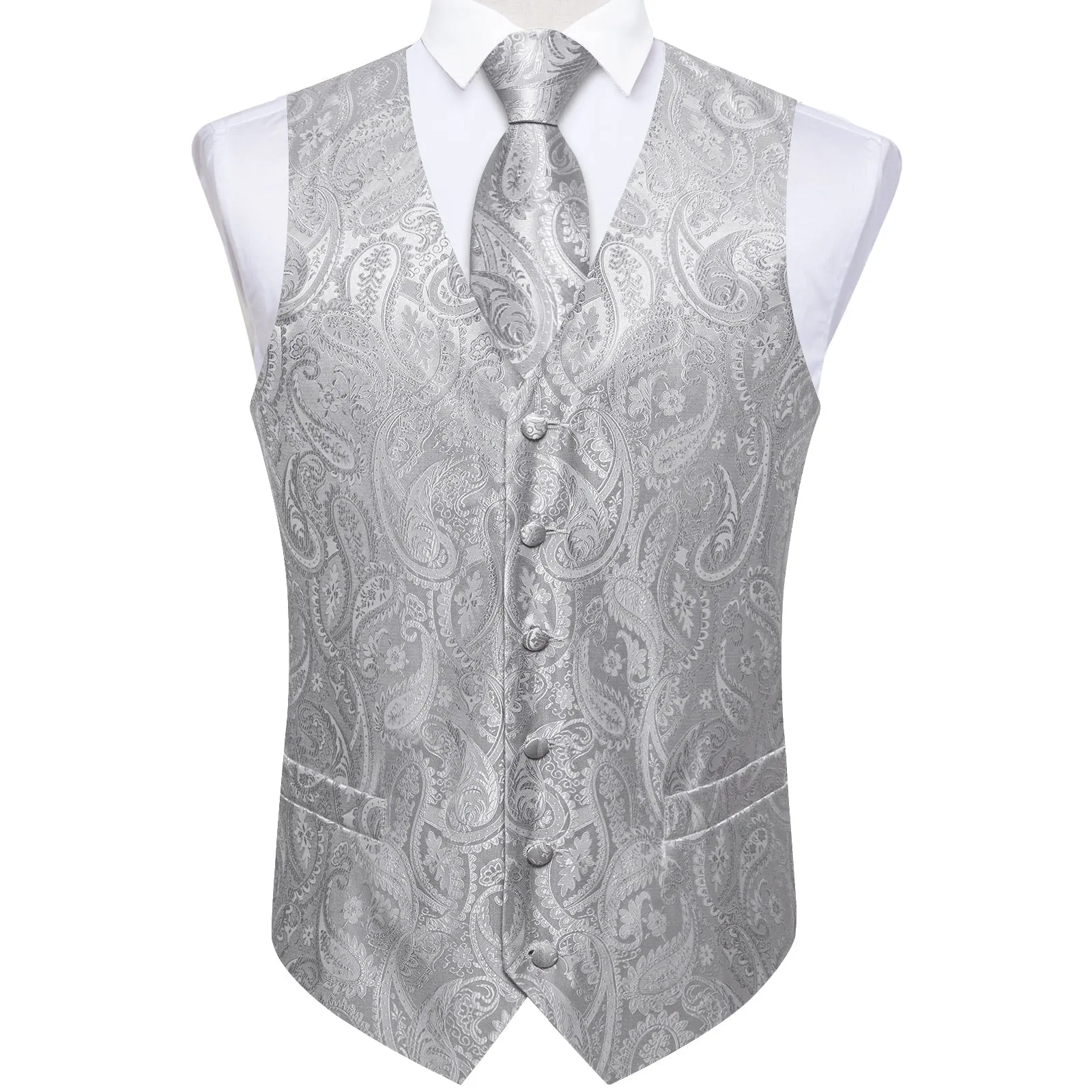 Grey Paisley Silk Men's Vest Hanky Cufflinks Tie Set sold by Ties2You product image thumbnail 2