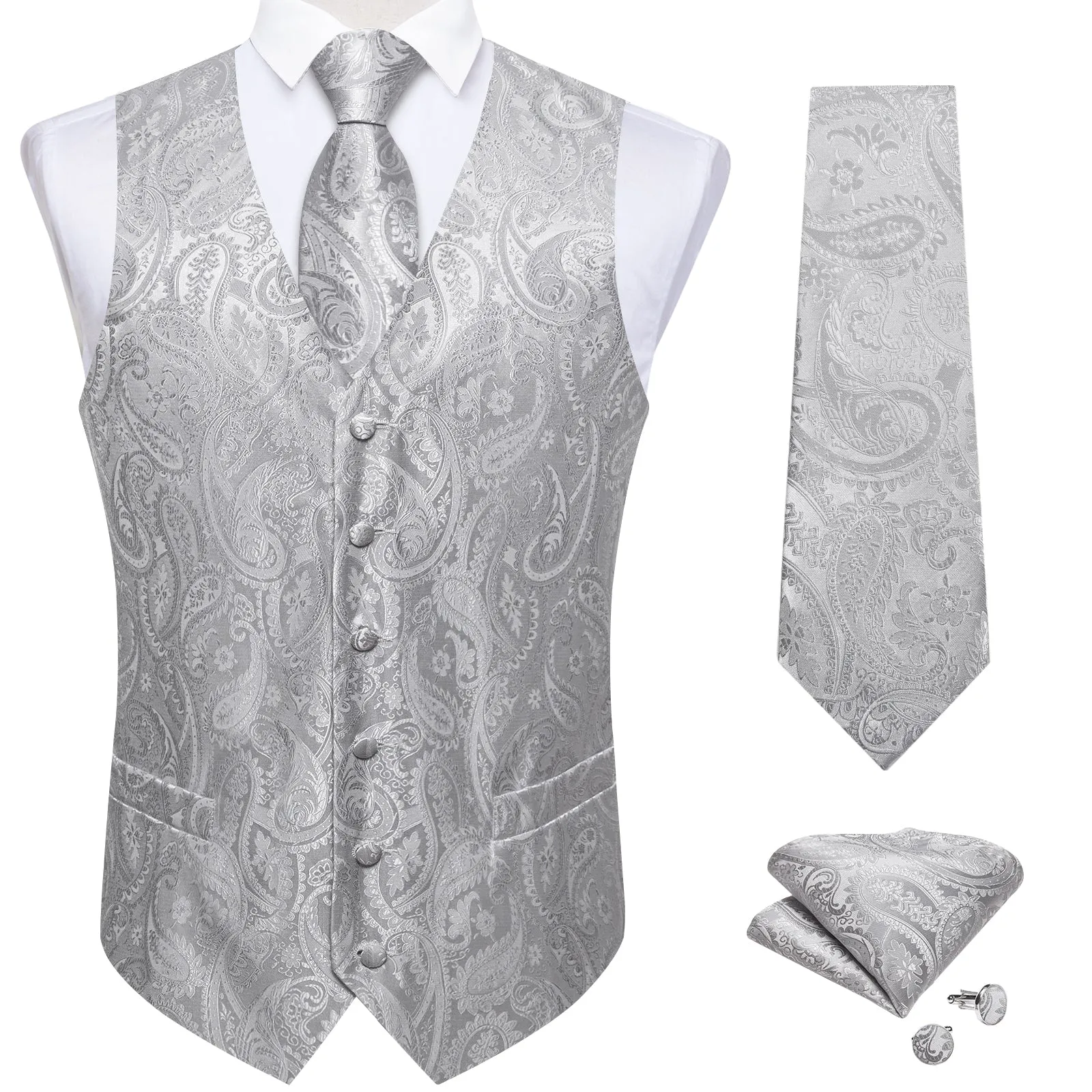 Grey Paisley Silk Men's Vest Hanky Cufflinks Tie Set sold by Ties2You product image thumbnail 3