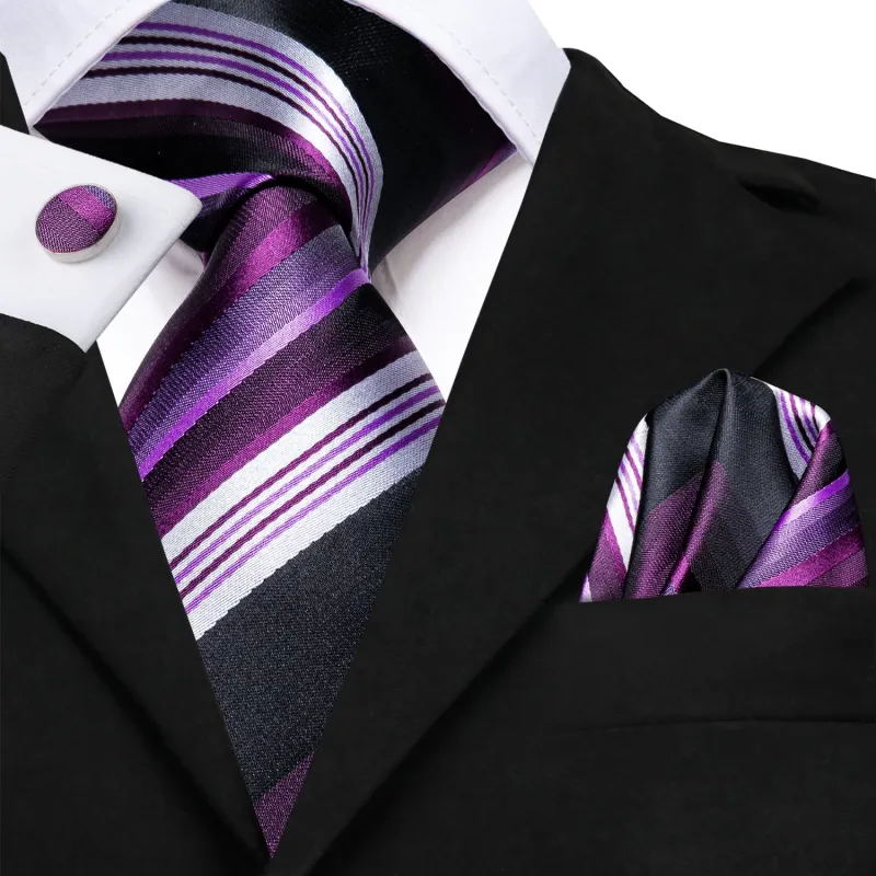 Purple White Striped Silk Tie Pocket Square Cufflinks Set sold by Ties2You