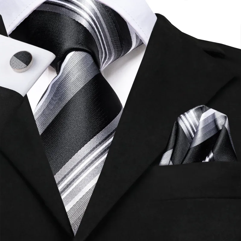 Black Grey Striped Silk Tie Pocket Square Cufflinks Set sold by Ties 2 You