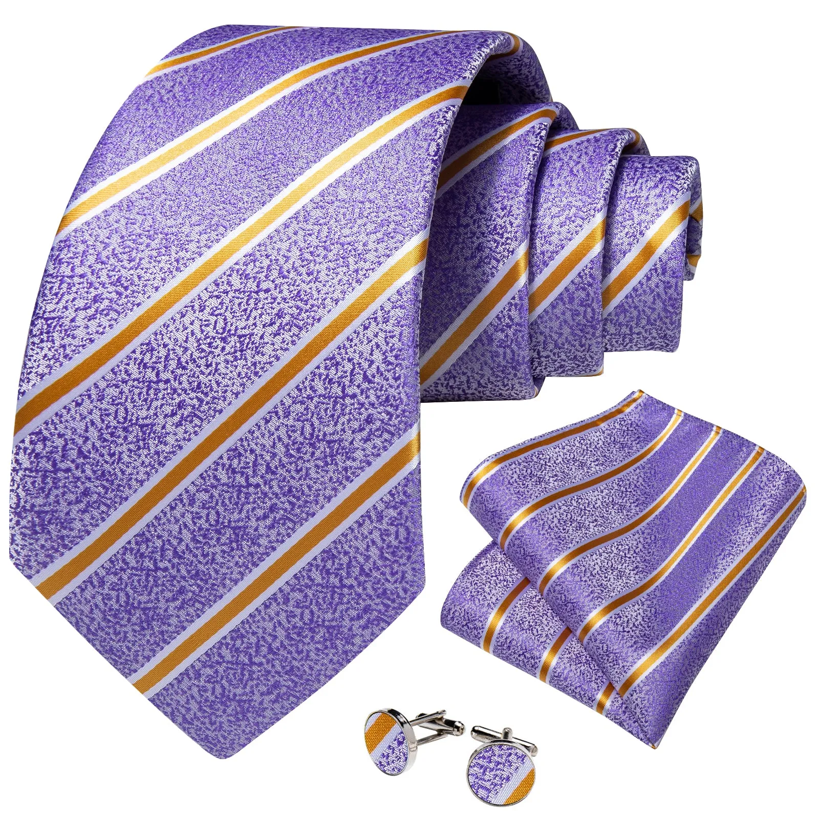Purple Yellow Striped Silk Tie Pocket Square Cufflinks Set sold by Ties2You product image thumbnail 2