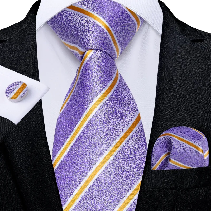 Purple Yellow Striped Silk Tie Pocket Square Cufflinks Set made by Ties2You