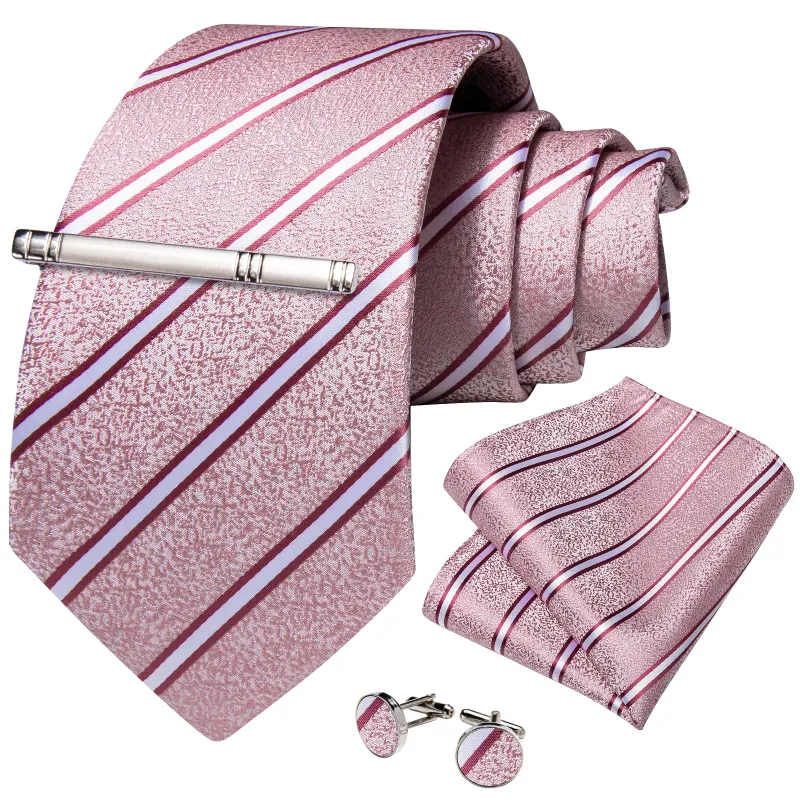 Pink Red Striped Silk Tie Pocket Square Cufflinks Set with Tie Clip sold by Ties2You