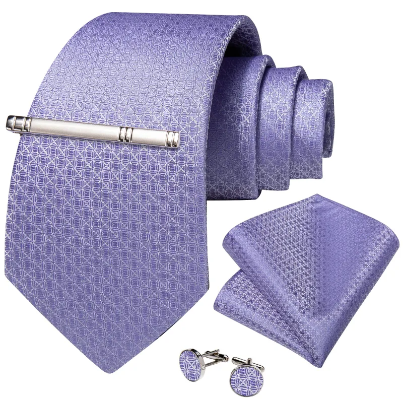 Lavender Purple Plaid Silk Tie Pocket Square Cufflinks Set with Tie Clip sold by Ties2You
