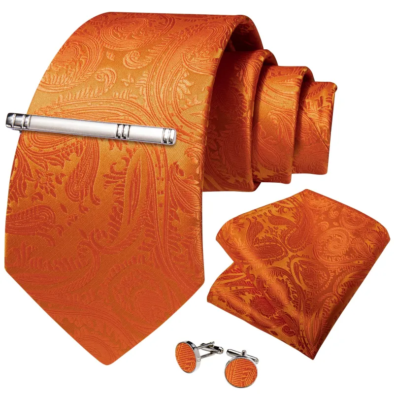 Orange Paisley Silk Tie Pocket Square Cufflinks Set with Tie Clip sold by Ties2You