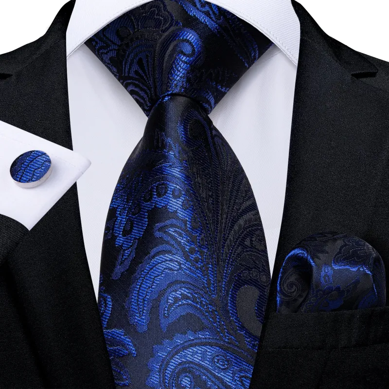 Royal Blue Black Paisley Silk Tie Pocket Square Cufflinks Set sold by Ties2You