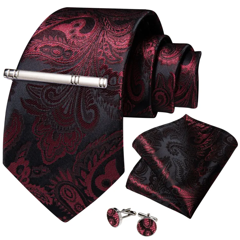 Deep Red Black Paisley Silk Tie Pocket Square Cufflinks Set with Tie Clip sold by Ties2You